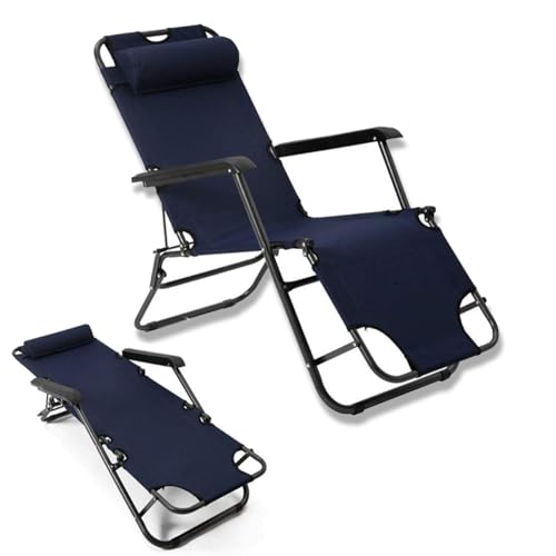 Image of Lounge Chair Full Flat Cot 2 in 1 Zero Gravity Chair Portable Foldable Recliner for Headrest Resting Adjustable Pillow Camping Chair Pool Side Beach Lawn Chair with Pillow (Blue)