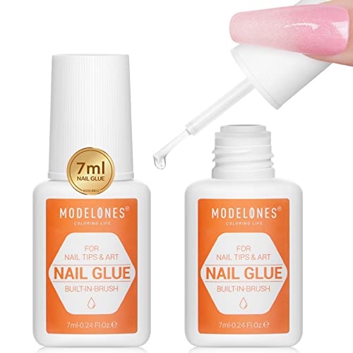 Modelones Nail Glue For Acylic Nails Brush On Nail Tips Nail Glue For Press On Nails 2Pcs Super Strong Nail Bond Adhesive Nail Glue For Fake Nails No Cure 7Ml #TOP25