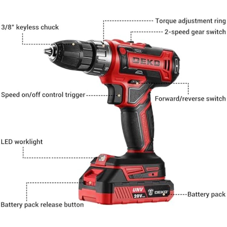 Power Drill Cordless: DEKO PRO Cordless Drill 20V Electric Power Drills Set Tool for Women with Battery and Charger 20 Volt Drills Driver Kit Red