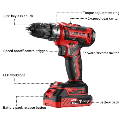 image for Power Drill Cordless: DEKO PRO Red Cordless Drill 20V Electric Power D