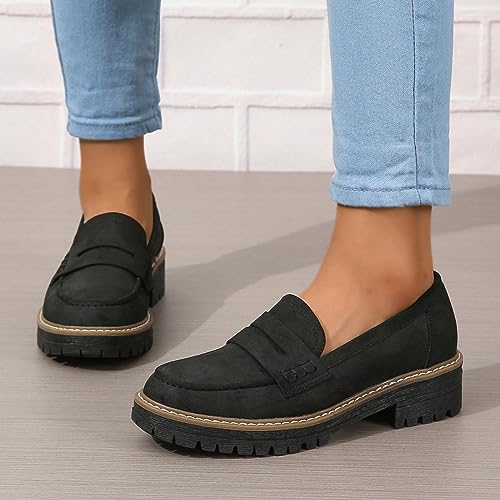 Image of Womens Loafers Slip On Casual Chunky Platform Heel Loafers Classic Penny Dressy Comfy Business Work Shoes Green Beige Black Red US5-11