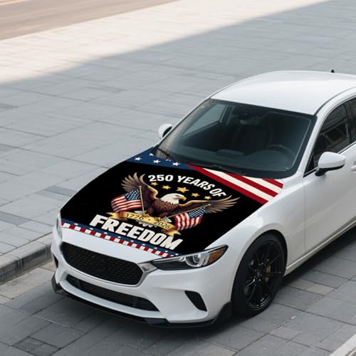 Image of American Car Hood Cover - 59x51 American Car Hood Cover Flag Bonnet Banner with 2 Adjustable Triangular Fasteners, Universal Fit for Trucks, SUV, Patriotic Car America Flag Decor