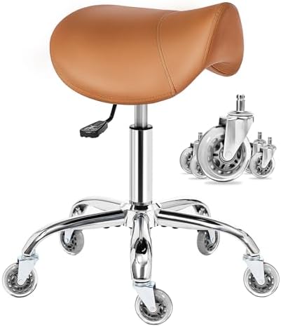 BEWISHOME Saddle Stool with Wheels, Ergonomic Contoured Seat, Thi...