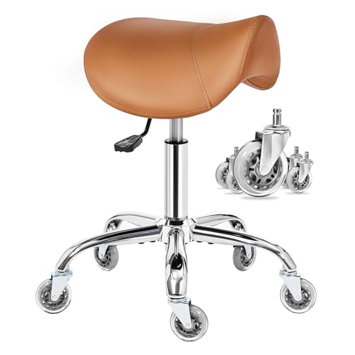 BEWISHOME Saddle Stool with Wheels, Ergonomic Contoured Seat, Thick Cushioned PU Leather Swivel Saddle Chair with Adjustable Height for All-Day Comfort, for Salon, Clinic, Studio and Home Office
