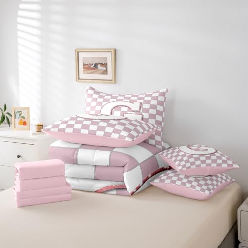 Image of Erosebridal Pink Initial G Twin Bedding Set 7 Piece Kawaii Plaid Checkered Bed in A Bag with Sheets Cute Personalized Monogram Comforter Set for Kids Girls Teen Women,Fashion Grids Gingham Bed Sets