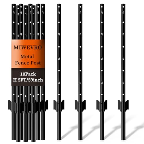 10 Pack Garden Fence Post, 5 Feet Heavy Duty Metal U-Post for Wire Fence, No Dig Garden Fence Stakes for Temporary Fencing, Electric Fence Wire, Corner Anchor, and More-Black