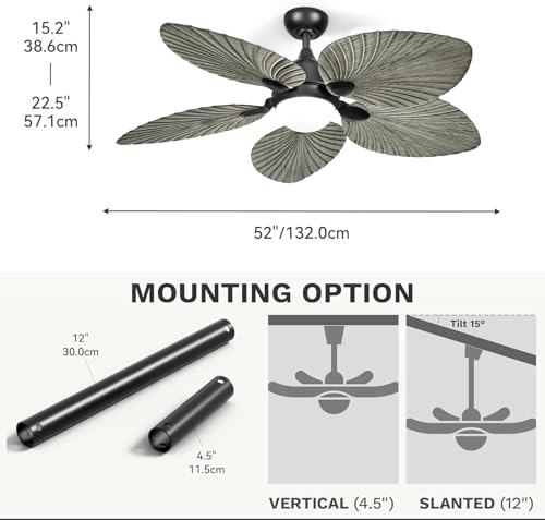 DWVO 52" Indoor Ceiling Fan with Light Kit & Remote - Tropical Palm Leaf Blades, Reversible Quiet DC Motor, 6-Speed Settings for Bedroom, Living Room, Dining Room