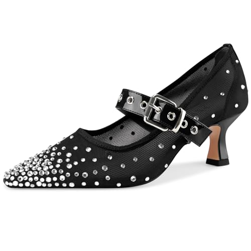 Image of Women's Mesh Closed Pointed Toe Heels Rhinestone Ankle Strap Buckle Kitten Heeled Mary Jane Pumps Dressy Prom Wedding Sandals Shoes 2 inch