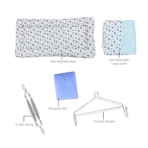 Image of beetot New Born Baby Swing Cradle (Jhula) | Cradle Set with Mosquito Net, Spring and Triangle Hanger | Weight Capacity Up to 20Kg | Age from 0-12 Months | Bismark Premium (Blue) - Cotton