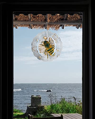 Wind Spinner Daisy And Bee Stainless Steel Spinner For Yard And Garden Wood Grain Wind Sculptures 8 Inch 3D Crafts Ornaments Hanging Wind Spinner For Outdoor & Indoor Decorations #TOP3