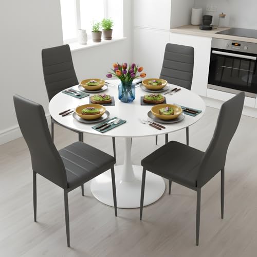 GOKHOMX Ensemble Table a Manger Ronde de 110 cm avec 4 Chaises, Ensemble Table et Chaises Salle a Manger en Similicuir Gris, pour Cuisine Salle à Manger Salon...