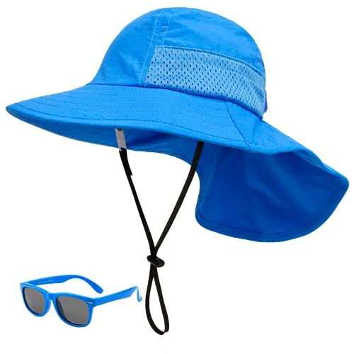 Image of Baby Sun Hat Toddler Kids Boys Girls Wide Brim Beach Hats with Sunglasses UPF 50+ Plain Caps with Neck Flap