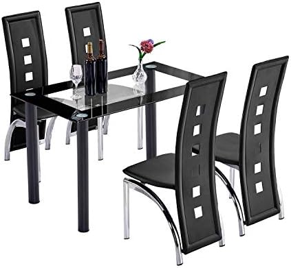 Trustiwood 5 Piece Dining Room Table Set Dinette Set Tempered Glass Table and Waterproof Faux PU Leather Chairs Kitchen Table Set Furniture Black