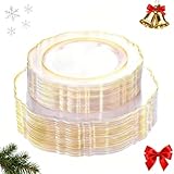 WDF 100pcs Clear Disposable Plastic Plates With Gold Trim - Baroque Clear Gold for Parties or Wedding or Christmas - including 50PCS Dinner Plates 10.25inch and 50PCS Salad Plates 7.5inch