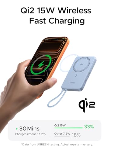 Image of UGREEN Magflow Air Qi2 Magnetic Power Bank 10000mAh, 15W Wireless Portable Charger with Built-in USB-C Cable, 30W Fast Charging Battery Pack, MagSafe Compatible for iPhone 17 /16 /15 /14 Pro Max, Blue