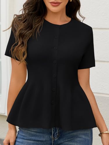 Image of Saodimallsu Womens Short Sleeve Cardigans Ruffle Button Down Crew Neck Peplum Babydoll Knit Sweater Tops