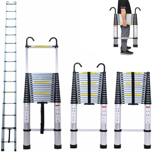 6.2M Telescopic Ladder with hooks 20.3FT Multi-Purpose Folding Aluminium Telescoping Ladder Foldable Ladder Extension Ladder Extendable Portable Loft Ladder Lightweight 330lb Capacity EN131