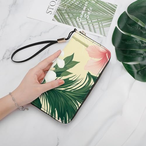 Pink Hibiscus White Orchids PU Leather Clutch Long Bifold Wallet, Coin Purse Credit Pass Case, Durable Card-Holder Money Storage for Women Men4