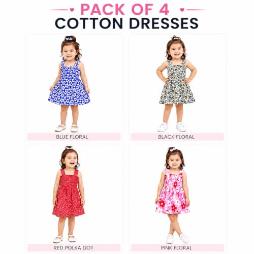 Image of Baby Girl's Knee Length Comfortable Square Neck Multi-Color Frock (Pack of 4)