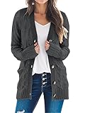 MEROKEETY Women's 2025 Fall Long Sleeve Cable Knit Sweater Open Front Cardigan Button Loose Outerwear, Darkgrey, XX-Large