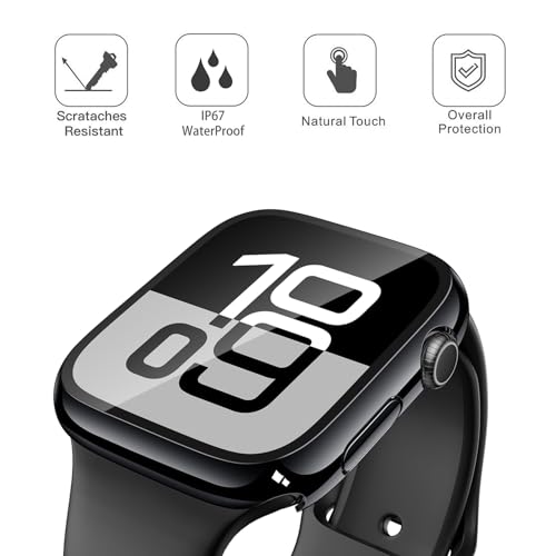 Image of Misxi [2 Pack] Waterproof Hard Case with Tempered Glass Compatible with Apple Watch Series 11 (2025) Series 10 46mm, Overall Protective Cover for iWatch Screen Protector, 1 Jet Black + 1 Transparent