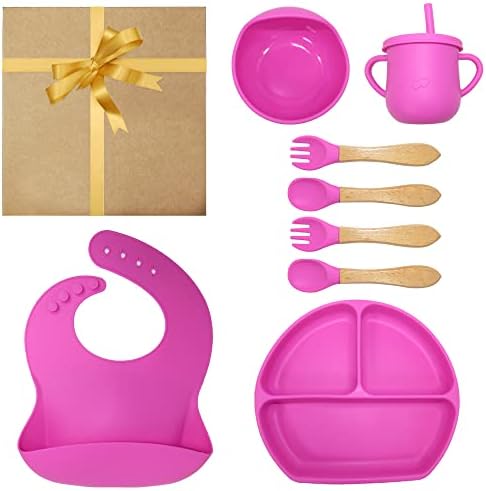 PUREFRESHNESS Baby Led Weaning Feeding Set 8 pcs, Infant Food Plates Bowl Kit, Self-Eating Utensils for Toddlers, Silicone Plate Bib Cup Forks Spoons (HOT PINK)