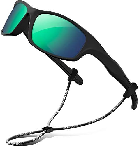 RIVBOS Rubber Kids Polarized Sunglasses With Strap Glasses Shades for Boys Girls Baby and Children Age 3-10 RBK003 (Black Ice Green Lens)
