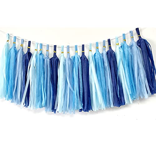 Tissue Paper Tassels Garland Banner Table Decor Party Banner Wedding Birthday Baby Shower Nursery Party Decorations Supplies (20 Lt-Blue+Blue+Sky Blue+Royal Blue)