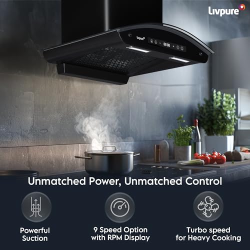Image of Livpure Invicto 60 cm | Curved Glass | 1400 m /hr Suction | BLDC Motor | Filterless | Touch & Gesture Control | Low Noise | 10 Years Motor + 2 Years Comprehensive Warranty | Black