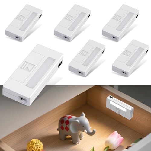 Alinana Lampe Tiroir, Lot de 6 Éclairage de Tiroir LED avec Capteur de Porte Infrarouge Réfléchissant, Éclairage de Tiroir 6000K Blanc Froid pour Tiroirs, Armoires, Coffre-fort