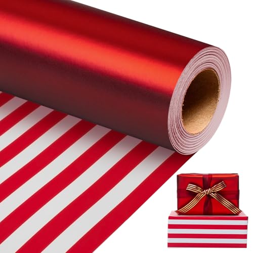 Homeral Red Wrapping Paper Roll - 17 In x 33 Ft Matte Metallic Solid Color & Red and White Stripe Reversible Gift Wrapping Paper for Birthday, Wedding, Christmas, Valentines, Baby Shower, DIY Bouquet