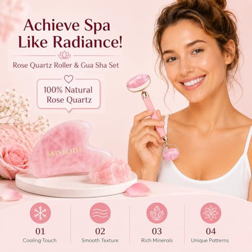 Image of Advance Rose Quartz Gua Sha and Face Roller Set Anti-Breakage for Long-Lasting Use, Jawline Sculpting and Puffiness Reducing, GuaSha Facial Tools for Self Care Pink