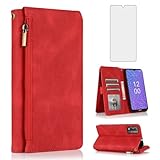 Asuwish Compatible with Nokia C210 TA-1584 Wallet Case Tempered Glass Screen Protector and Zipper Wrist Strap Retro Leather Flip Cover Card Holder Stand Cell Accessories for C 210 Women Men Red