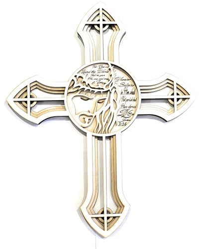 Zax Dezignz 3 Layer Wooden Cross of Jesus Religious Decor, 13 x 11 inches, John 3:16 Engraved
