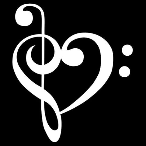 Heart Music Note, Bass Treble Clef Vinyl Bumper Sticker Decal for Car Truck Window Wall Laptop (White, 5.5") Cover