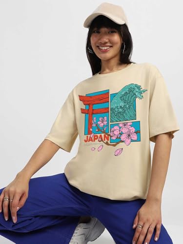 Image of JUNEBERRY 100% Pure Cotton Oversized Loose Fit Half Sleeve Cool Front Chest Graphic Printed Round Neck Drop Shoulder T-Shirt for Women S to 2XL