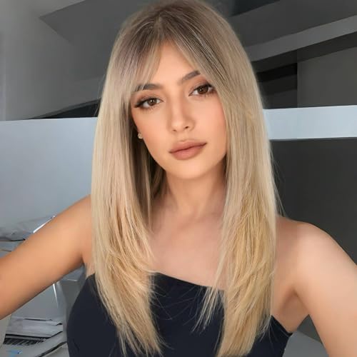 WOKESTAR Long Straight Wigs for Women with Curtain Fringe Layered Synthetic Color Hair(Blonde with Dark Roots)
