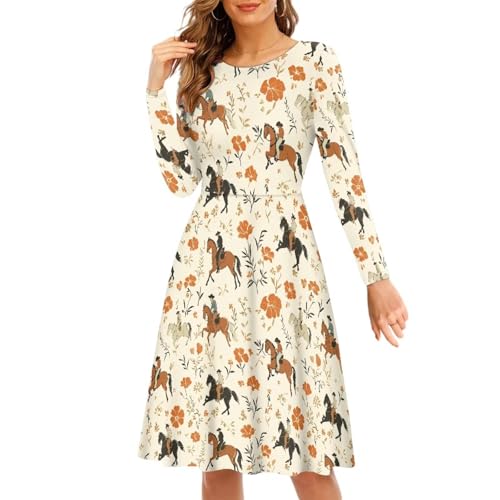Xsehusvy Horse Flower Dresses for Women Loose Fit Long Sleeve Swing Dresses Breathable Lightweight Beach Vacation Clothes Plus Size Horse Racaing Outfits