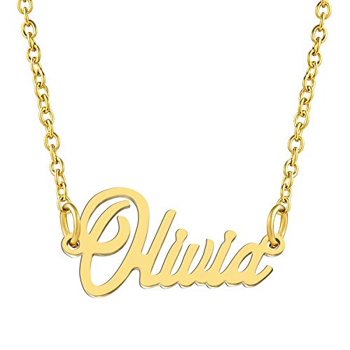 KISPER 18K Gold Plated Stainless Steel Personalized Name Pendant Necklace, Olivia
