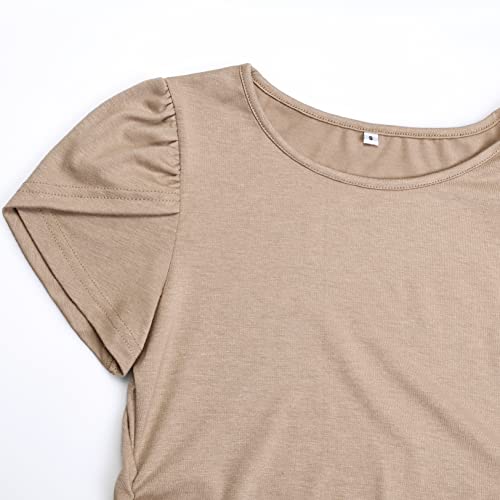 Debelly Maternity T-Shirts Petal Sleeve Round Neck Pregnancy Tunic Side Ruched Short Sleeve Maternity Casual Shirts,Brown,M #TOP4