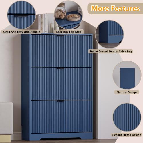 Image of BORNOON Entryway Shoe Cabinet with 3 Flip Drawers, Narrow Shoe Organizer Cabinet with Fluted Panel and Adjustable Shelves for Foyer, Hallway