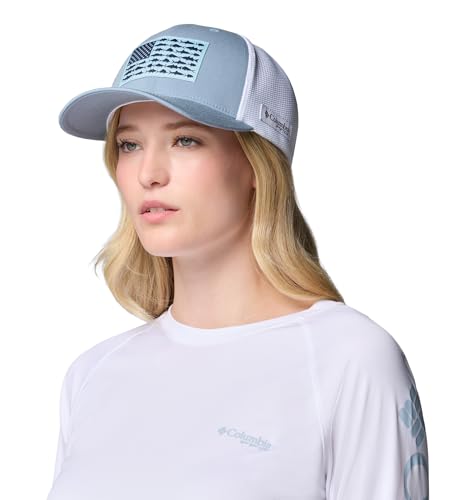 Image of Columbia Unisex PFG Fish Flag Mesh Ball Cap, Dockside Blue /White /US Fish Flag, L /XL