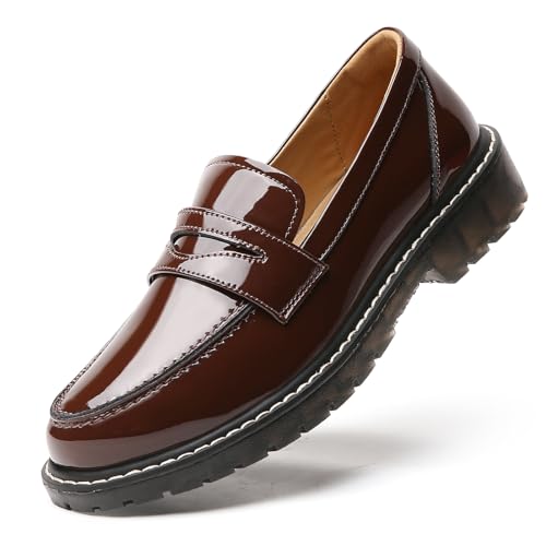 Image of Black Penny Loafers for Women, Shiny Comfortable Dress Work Shoes
