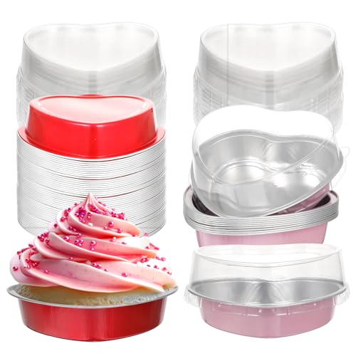 Giloaou 60 Pcs 9oz Valentines Day Heart Shaped Cake Pans with Lids Heavy Duty Disposable Aluminum Foil Mini Baking Cups Muffin Tins & Ramekins Containers for Red & Pink Party Wedding Birthday