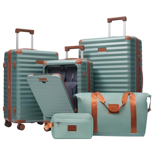 Sets 5 Piece,front Open Hardshell Expandable Suitcase With Spinner Wheels And Duffel Bags,lightweight Carry On Luggage With Usb Port And Cup Holder,20/24/28in,blue Green