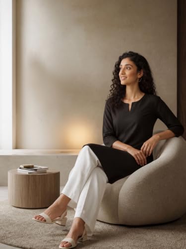 Image of SAADAA Airy Linen Mid Thigh Length Kurta for Women | Stylish Split Neck, 3 /4 Sleeves & Side Pockets | Comfortable Everyday Wear Kurta | Breathable Fabric |