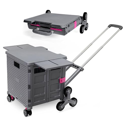 BY10CX Carrito de Compras Plegable, Carro Utilitario Portátil con Ruedas Escaladoras y Tapa Magnética, Capacidad de Carga, Caja Rodante para Camping, Pesca y Almacenamiento de Herramientas - Gris