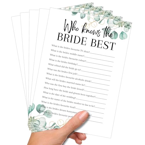 Who Knows the Bride Best? Hen Party Game – Eucalyptus Design Bridal Shower Quiz – A5 Wedding Trivia Cards – Bride to Be Keepsake Game – Set of 5–30 for Hen Do or Girls Night (25 pack for 25 Hens) Who Knows the Bride Best? Hen Party Game – Eucalyptus Design Bridal Shower Quiz – A5 Wedding Trivia Cards – Bride to Be Keepsake Game – Set of 5–30 for Hen Do or Girls Night (25 pack for 25 Hens)