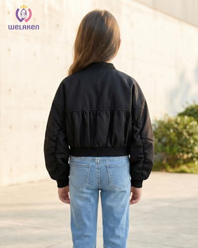 Image of WELAKEN Lightweight Multiple Pockets Zip Up Bomber Jacket for Girls Toddler & Kids II Little Girl's Casual Flight Crop Jacket