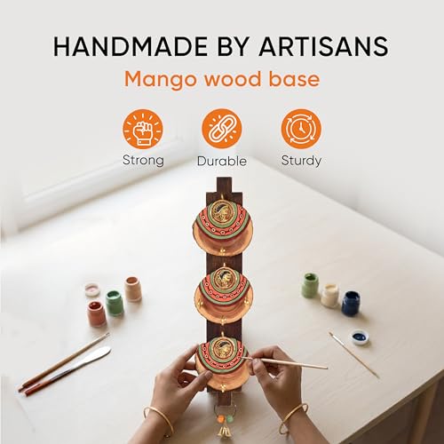Image of AAKRITI ART CREATIONS Key Holder Handcrafted Madhubani Keys | Rustic Brass & Wood Wall Organizer with 4 Hooks | New Home Gifts | Multifunctional Entryway Decor Item
